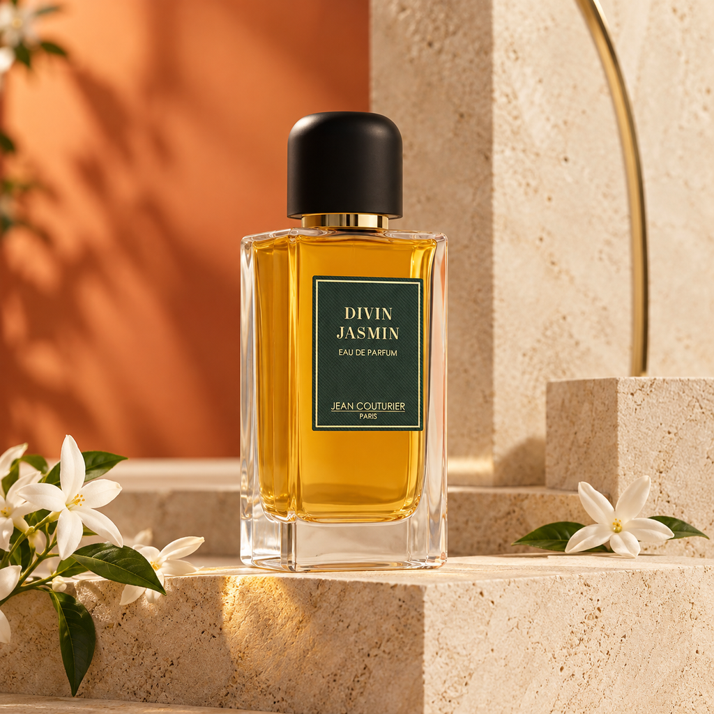 Divin Jasmin de Jean Couturier, flacon et fleurs de jasmin