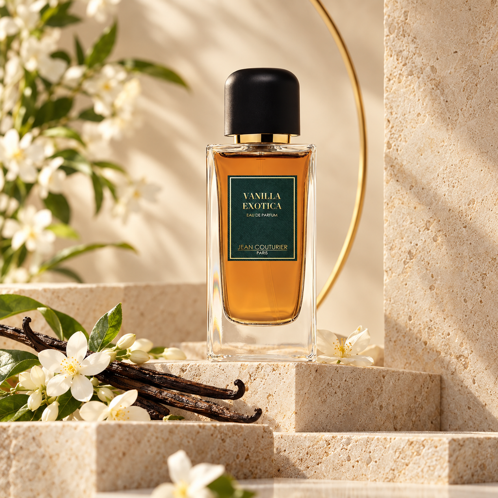 Vanilla Exotica de Jean Couturier, flacon sur des marches en pierre avec vanille et jasmin
