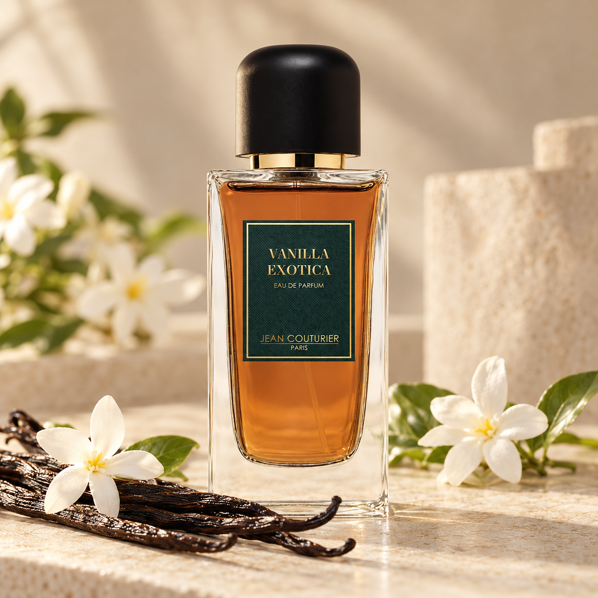 Vanilla Exotica de Jean Couturier, flacon, gousses de vanille et fleurs