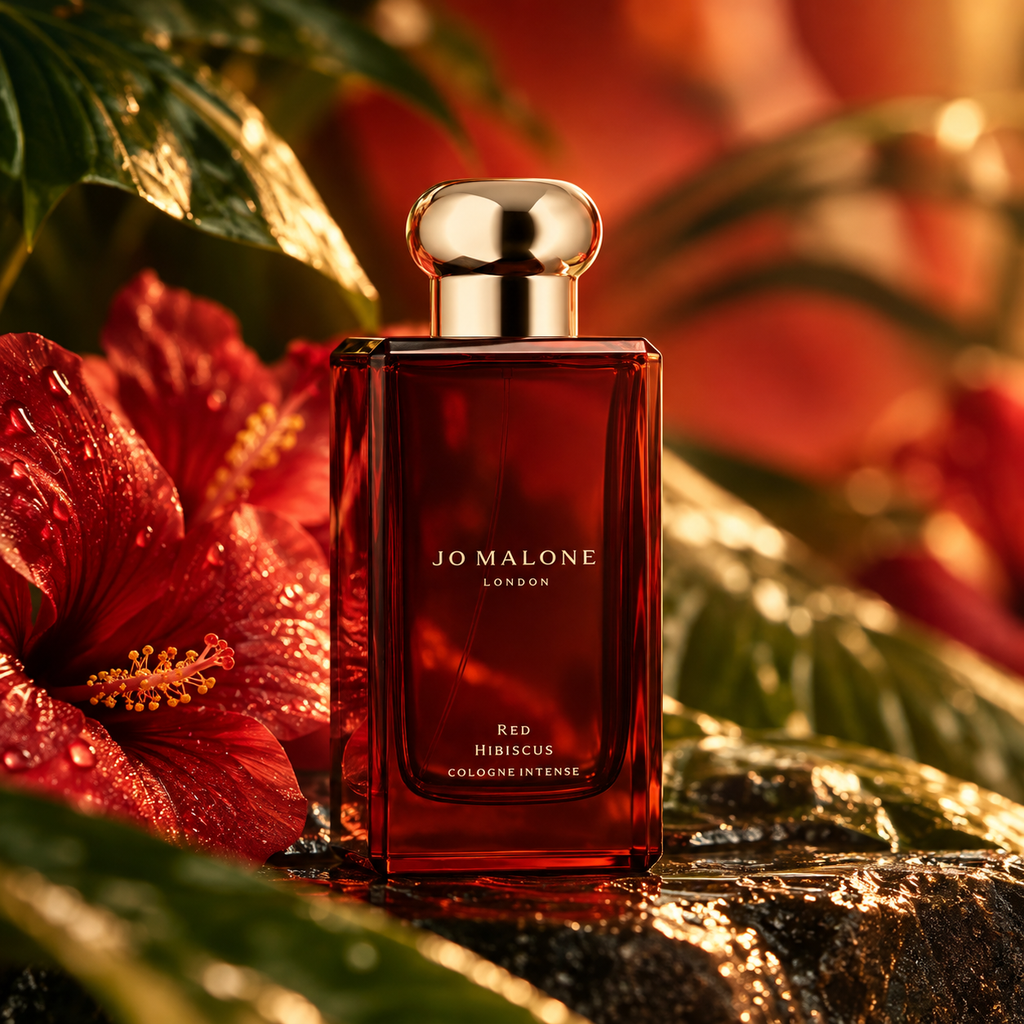 Red Hibiscus de Jo Malone, flacon parmi des fleurs d'hibiscus