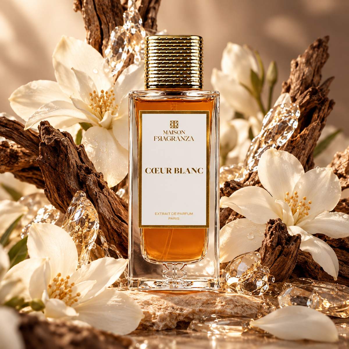 Cœur Blanc de Maison Fragranza, flacon parmi des fleurs blanches et du bois
