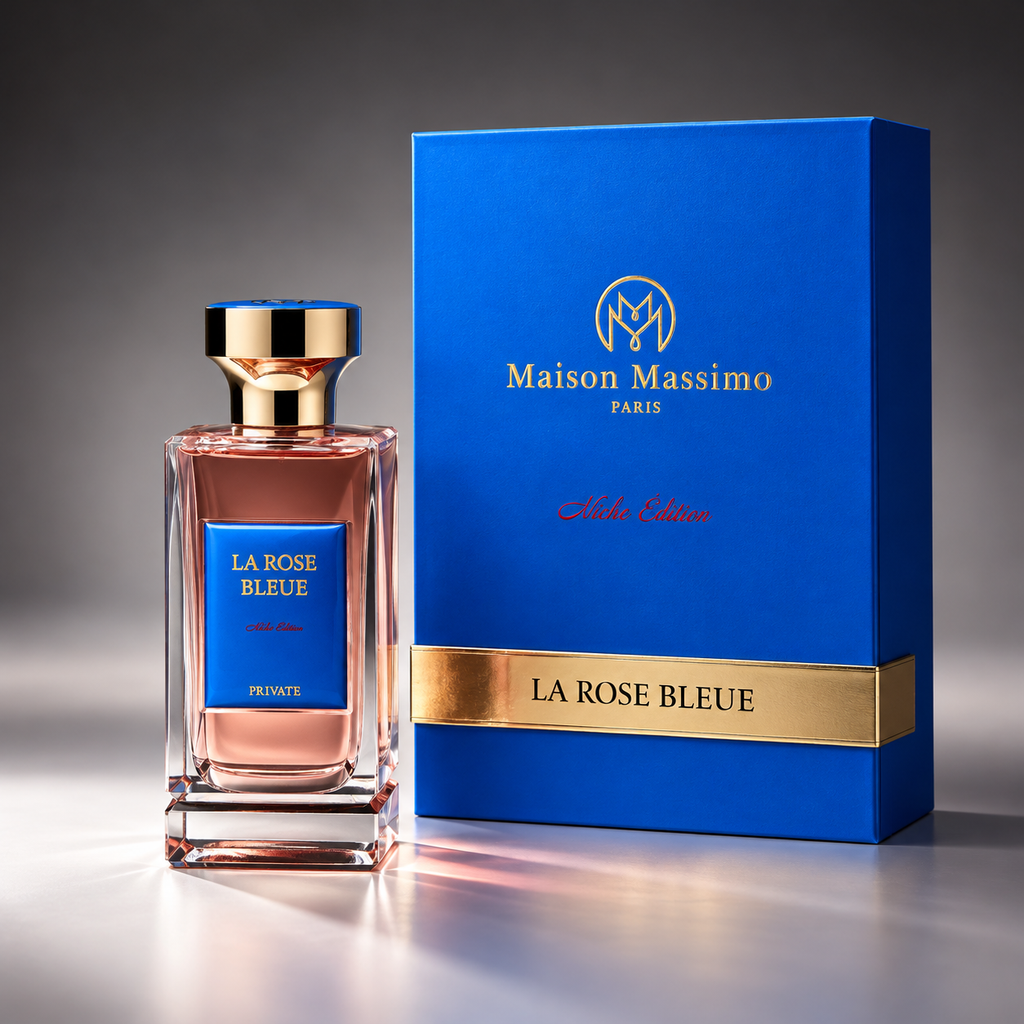 Rose Bleu de Maison Massimo, flacon et sa boîte
