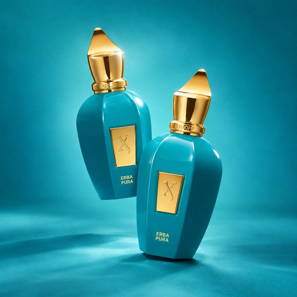 Erba Pura de Xerjoff, deux flacons sur fond turquoise