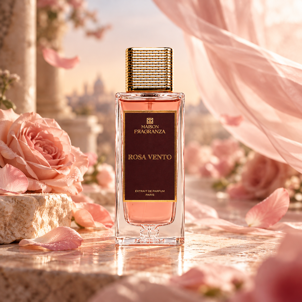 Rosa Vento de Maison Fragranza, flacon parmi des roses et un voile rose