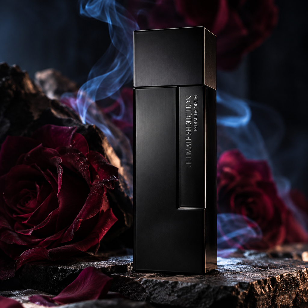 Ultimate Seduction de Laurent Mazzone, flacon parmi des roses rouges et de la fumée
